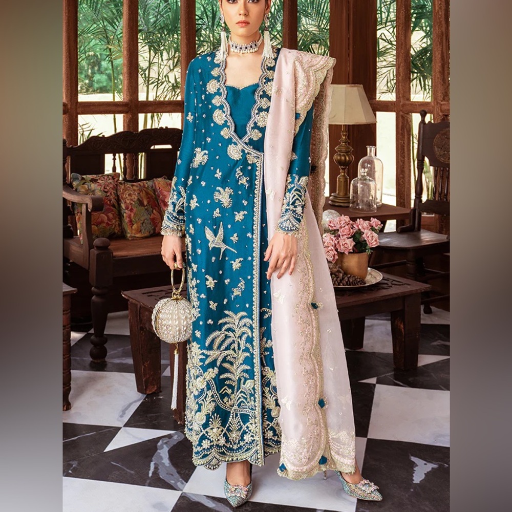 Suffuse by Sana Yasir Elegant teal Embroidered Dress with Pink Dupatta